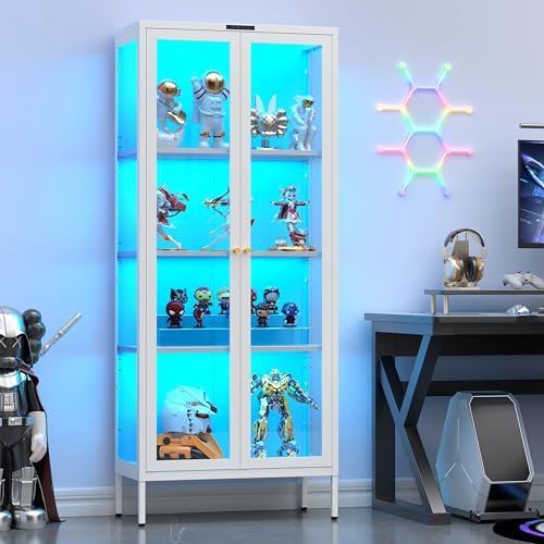 UNICOLY Display Cabinet with Glass Doors and 8 Color LED Lights