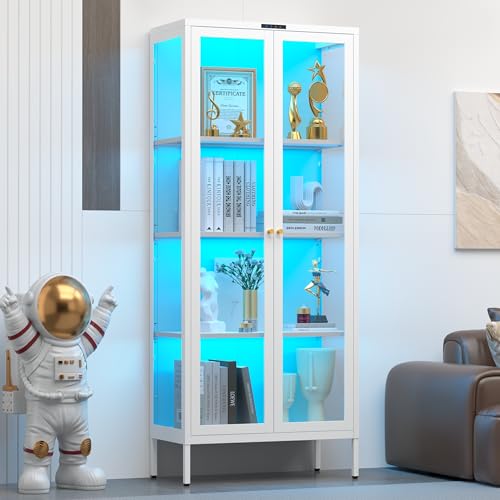 UNICOLY Display Cabinet with Glass Doors and 8 Color LED Lights